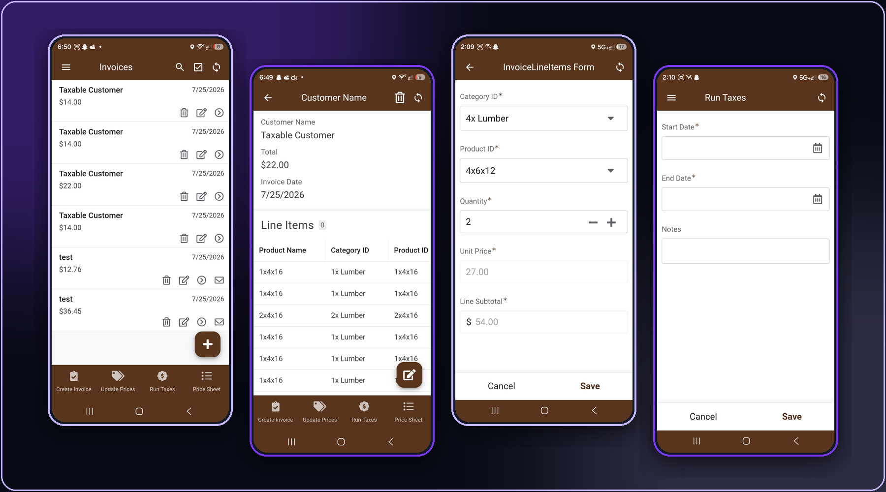 Invoice and tax tracking app screens